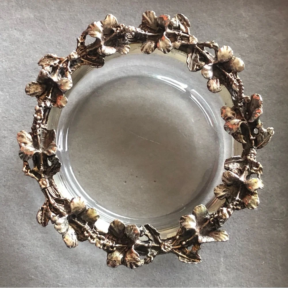 Vintage GRESCO Gold Gilt Hibiscus Flowers Glass Trinket Dish / Ashtray MCM USA